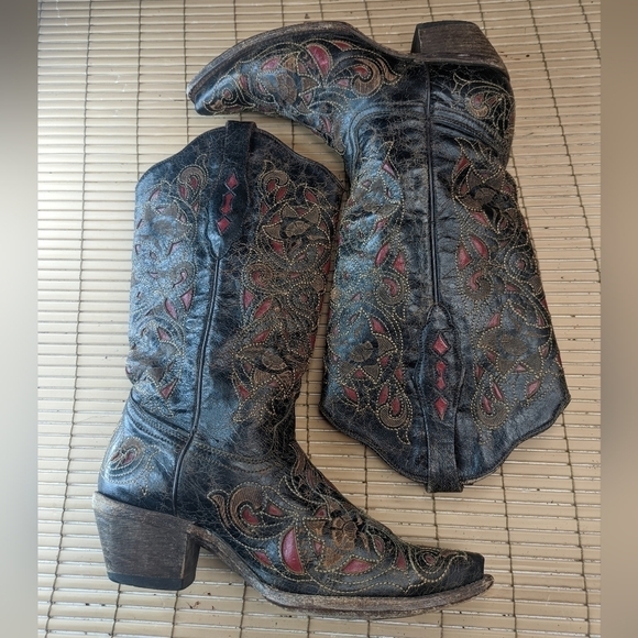 Ladies Corral Boots A1951 Black~Cognac~Red Goat leather Laser cut-outs, … - Picture 6 of 12